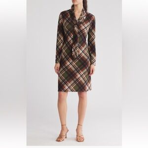 Connected Apparel - Tie Neck Long Sleeve Dress - brown/olive tartan - size 6